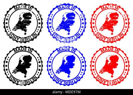 Faites en Pays-Bas - timbres en caoutchouc - vecteur, Pays-Bas carte - noir, bleu et rouge Illustration de Vecteur