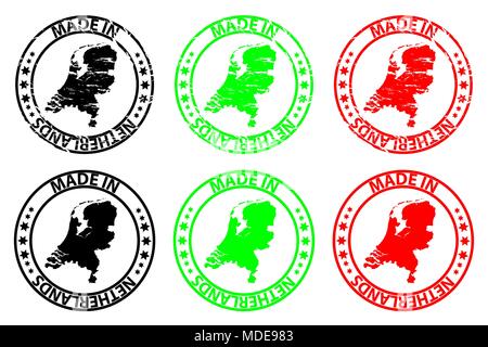 Faites en Pays-Bas - timbres en caoutchouc - vecteur, Pays-Bas carte - noir, vert et rouge Illustration de Vecteur