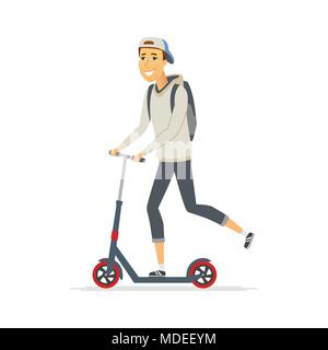 Boy riding a scooter de coup - cartoon illustration isolé de caractères des gens Illustration de Vecteur