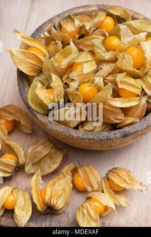 Physalis peruviana. Physalis les fruits dans un bol sur une planche en bois Banque D'Images