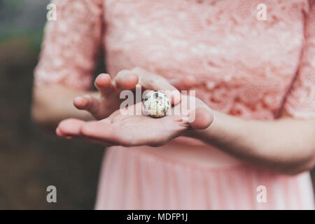 Woman's hand holding un oeuf de caille Banque D'Images