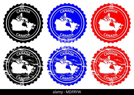 Canada - timbres en caoutchouc - vecteur, Canada carte continent - sticker - noir, bleu et rouge Illustration de Vecteur