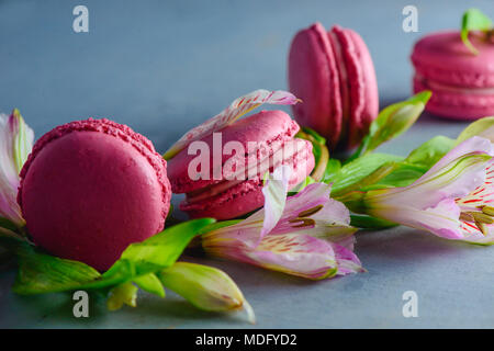Macaron rose close-up avec des fleurs de printemps et les bourgeons. Dessert français sur un fond noir en bleu avec l'exemplaire de l'espace. Banque D'Images