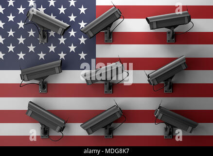 Illustration 3d de la technologie de protection des données privacy concept avec beaucoup de caméras de surveillance avec le drapeau américain en arrière-plan pointant dans différen Banque D'Images