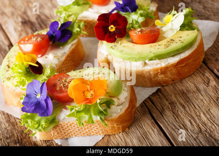 Sandwichs sains organiques avec de l'avocat, laitue, tomates, fleurs comestibles et le fromage à la crème sur la table horizontale. Banque D'Images