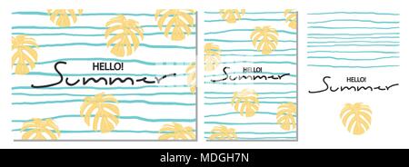 Ensemble de la conception d'arrière-plan pour l'été et vector illustration de monstera, bande bleue et part lettrage pour créer votre propre affiche. Illustration de Vecteur
