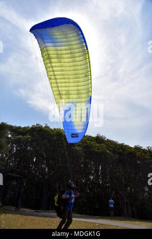 Port Macquarie, Australie - Oct 1, 2017. Vol en parapente sur la mer avec de l'eau bleue et les montagnes en journée ensoleillée. Vue aérienne de parapentiste je Banque D'Images