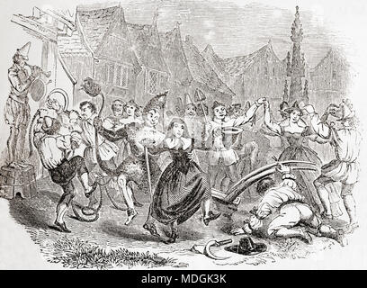Célébrations Le Lundi des labours, la danse de Bessie et le Clown. Le Lundi des labours a célébré le début de la saison de labour après Noël. Plowboys prit une charrue décorée autour du village, à la mendicité pour l'argent, de nourriture ou de boissons. À partir de la vieille Angleterre : A Pictorial Museum, publié 1847. Banque D'Images