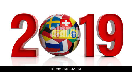 Nouvelle année 2019 avec les drapeaux du monde football soccer ball isolé sur fond blanc. 3d illustration Banque D'Images