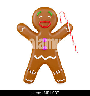 Joyeux Noël gingerbread man holding canne isolé sur fond blanc, 3D Rendering Banque D'Images
