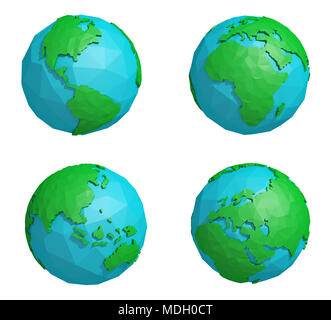 Ensemble de faible masse poly planète avec quatre continents, l'icône globe polygonal, 3D Rendering Banque D'Images