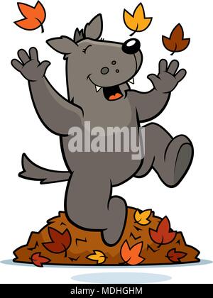 Illustration d'une caricature d'un loup qui saute dans les feuilles d'automne. Illustration de Vecteur