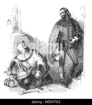 Deux des personnages de contes de Canterbury, une collection de 24 histoires écrites par Geoffrey Chaucer entre 1387 et 1400 quand il est devenu contrôleur des douanes et de la Justice de Paix. Les contes (surtout en vers, bien que certains soient en prose) sont présentés dans le cadre d'un concours de contes par un groupe de pèlerins qu'ils voyagent ensemble dans un voyage de Londres à Canterbury pour visiter le sanctuaire de Saint Thomas Becket dans la Cathédrale de Canterbury. L'illustration montre l'hôte et le cuisinier. Banque D'Images