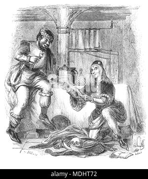 Deux des personnages de contes de Canterbury, une collection de 24 histoires écrites par Geoffrey Chaucer entre 1387 et 1400 quand il est devenu contrôleur des douanes et de la Justice de Paix. Les contes (surtout en vers, bien que certains soient en prose) sont présentés dans le cadre d'un concours de contes par un groupe de pèlerins qu'ils voyagent ensemble dans un voyage de Londres à Canterbury pour visiter le sanctuaire de Saint Thomas Becket dans la Cathédrale de Canterbury. L'illustration montre l'Invocateur et Pardoner. Banque D'Images