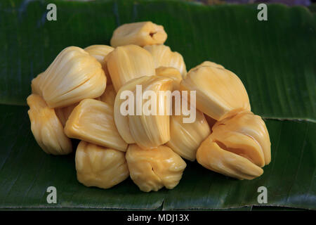 Jack fruits vert sur les feuilles de bananier pour la vente au marché thaïlandais Banque D'Images