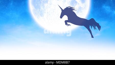 Silhouette Unicorn de sauter devant lune Banque D'Images