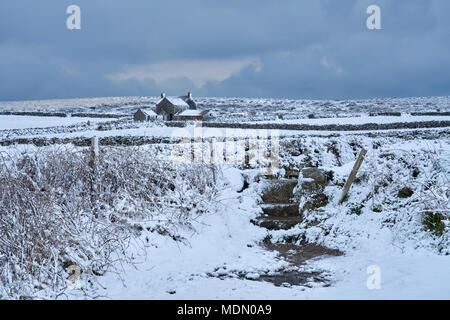 Les hommes d'un Âge de Bronze Tol West Cornwall UK, 18/3/2018. La ferme la voie menant de nouveau de la pierre. La neige rare à Cornwall deux semaines avant Pâques Banque D'Images
