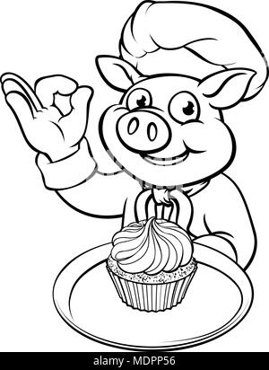 Caractère de cochon Chef Baker Cartoon Mascot Illustration de Vecteur