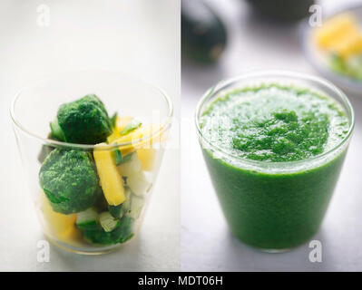 Étape 1 ingrédients smoothie vert (ananas, épinards, chou frisé, avocat, concombre) et l'étape 2 prêt mélangé smoothie vert dans le verre. Banque D'Images