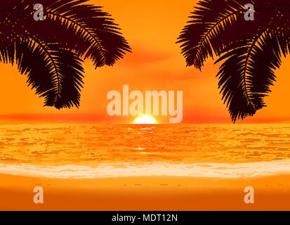 Soleil embrasant de relaxation sur une plage tropicale illustration. Soirée ouverte en arrière-plan Illustration de Vecteur