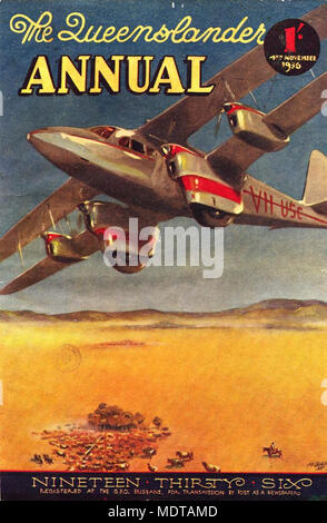 L'illustre la protection avant de la annuel Queenslander, le 4 novembre 1936. Emplacement : Queensland, Australie Description : Un avion multimoteur deux flys sur une scène où l'outback ci-dessous, les éleveurs de bovins d'élevage sont. Banque D'Images