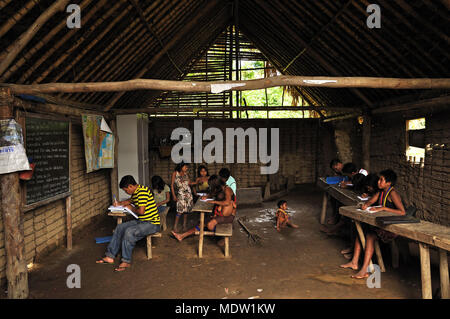 Les Yanomami l'école dans le village de Kolulu - Auaris Brazilazil - Bassin du fleuve frontière - Venezuela Banque D'Images