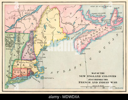 Les colonies de la Nouvelle Angleterre juste avant la guerre de Sept Ans. Lithographie couleur imprimée Banque D'Images