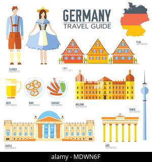 Pays Allemagne travel vacation guide de biens, lieux et caractéristiques. Ensemble de l'architecture, les gens, la culture, icônes contexte concept. Template design infographies pour le web et mobile. Le style plat Illustration de Vecteur