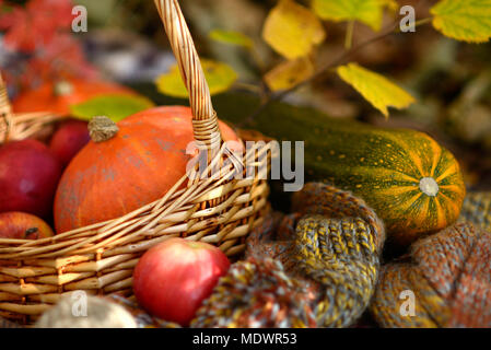 Les légumes d'automne panier de paille en close up Banque D'Images