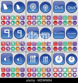 Papillon, une connexion Wi-Fi gratuite, DivX, neuf, Nouveau, Halloween, son, couverts, disque. Un grand ensemble de boutons multicolores. Vector illustration Illustration de Vecteur