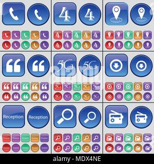 Récepteur, quatre, Checkpoint, pour bien marquer, 5G, Flèche vers le bas, réception, loupe, Radio. Un grand ensemble de boutons multicolores. Vector illustrat Illustration de Vecteur