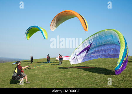 En attente de décoller, membres de Thames Valley Club de parapente sur Combe Gibbet près de Hungerford attendent les conditions idéales pour lancer Crédit : James Wadham / Alamy Live News Banque D'Images