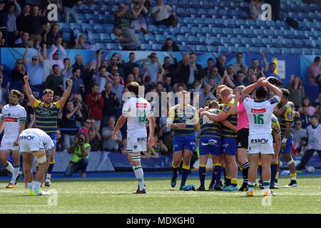 Cardiff, Royaume-Uni. 21 avril 2018. Cardiff Blues joueurs célébrer au coup de sifflet final. L'incident enregistrées Challenge Cup semi finale match, Cardiff Blues v Pau au BT Cardiff Arms Park de Cardiff le samedi 21 avril 2018. Cette image ne peut être utilisé qu'à des fins rédactionnelles. Editorial uniquement. pic par Carl Robertson/Andrew Orchard la photographie de sport/Alamy live news Banque D'Images