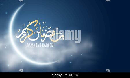 Ramadan Kareem. Mois Sacré de la religion. Hand drawn Caligraphy arabes. Lune brillante dans le ciel étoilé. Un épais brouillard. De légers nuages. Couvrir pour la conception. Vector illu Illustration de Vecteur