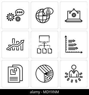 Ensemble de 9 icônes modifiable simple utilisateur tels que l'analyse de données, graphique à secteurs avec quatre domaines, la page de données, d'analyse, les flux de données, Bars, coffre, l'analyse graphique Illustration de Vecteur