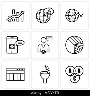 Ensemble de 9 icônes modifiable simple telle que des données interconnectées, l'analyse de données, la table de données, graphique à secteurs avec quatre domaines, téléphone mobile, données Analitycs Illustration de Vecteur