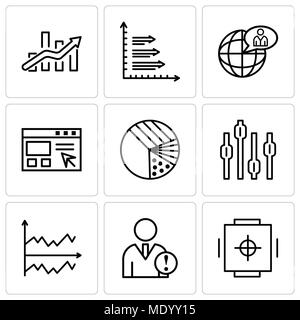 Ensemble de 9 icônes modifiable simple comme un coffre-fort, l'analyse de Données, Graphique, Box Plot (Diagramme, graphique à secteurs avec quatre domaines, l'importation de données interface, l'utilisation mondiale Illustration de Vecteur