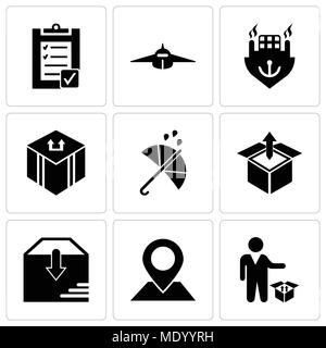 Ensemble de 9 icônes modifiable simple comme personne debout à côté d'une boîte de livraison, l'emplacement réservé sur la carte papier en perspective, livraison de colis, la livraison fort Illustration de Vecteur