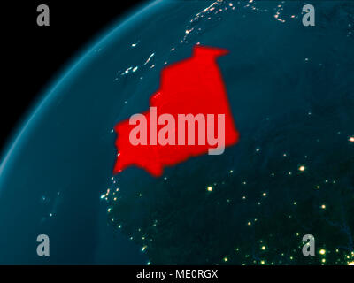 Nuit plan de la Mauritanie en vue de l'espace sur la planète Terre. 3D illustration. Éléments de cette image fournie par la NASA. Banque D'Images