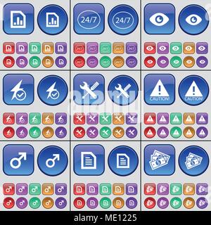 Fichier, 14/7, Vision, Flash , clé, attention, Mars symbole, fichier texte, Dollar. Un grand ensemble de boutons multicolores. Vector illustration Illustration de Vecteur