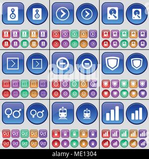 Le président, Flèche vers la droite, le disque dur, la flèche vers la droite, moins, d'un insigne, le sexe symbole, train, diagramme. Un grand ensemble de boutons multicolores. Vector illustration Illustration de Vecteur