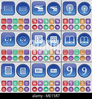 Égaliseur, hélicoptère, une connexion Wi-Fi gratuite, d'écouteurs, lits, table, livre, Calculatrice, vendre, neuf. Un grand ensemble de boutons multicolores. Vector illustration Illustration de Vecteur