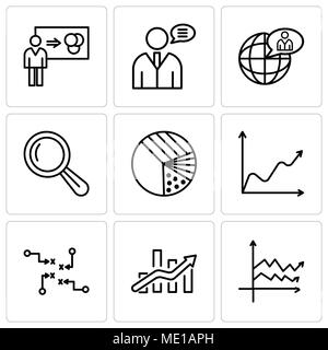 Ensemble de 9 icônes modifiable simple comme variable, tableau des bars, Stratégie sketch, vague de données, graphique graphique à secteurs avec quatre domaines, l'outil Loupe, utilisation mondiale Illustration de Vecteur