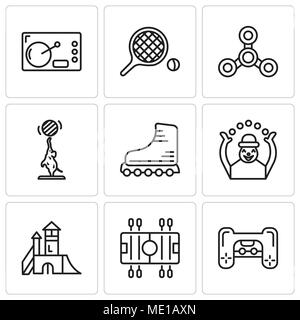 Ensemble de 9 icônes modifiable simple comme la Playstation, soccer, terrain de jeux, singe, rouleaux, l'éléphant, le drone, tennis de table, café, peut être utilisé pour mobile Illustration de Vecteur