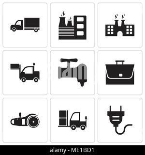Ensemble de 9 icônes modifiable simple comme une prise électrique, chariot, scie électrique, sac, grue, camion, usine, usine, camion, peut être utilisé pour le mobile, web U Illustration de Vecteur