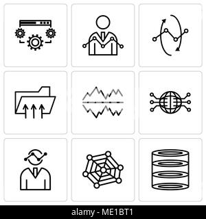 Ensemble de 9 icônes modifiable simple tels que l'analyse de données, Diagramme radar avec des graphiques, pentagone, Globe connecté Circuit, paramètres Texte bulle, Conne Illustration de Vecteur