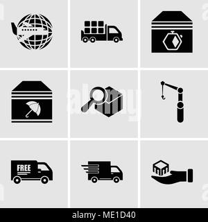 Ensemble de 9 icônes modifiable simple comme la livraison de colis en main, la logistique des camions de livraison en mouvement, livraison gratuite chariot, grue, recherche livraison ser Illustration de Vecteur