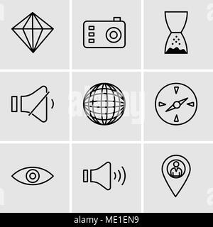 Ensemble de 9 icônes modifiable simple comme l'emplacement du pointeur, haut-parleurs muets, oeil, boussole, Globe International, contrôle du volume, main pointant vers la gauche, Phot Illustration de Vecteur