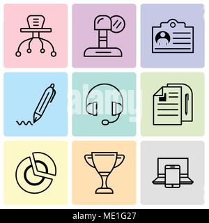 Ensemble de 9 icônes modifiable simples telles que l'électronique, tasse, graphique, document, casque, stylo, document, micro, table, peut être utilisé pour le mobile, web Illustration de Vecteur