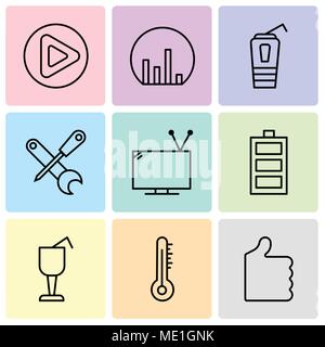 Ensemble de 9 icônes modifiable simple comme le pouce vers le haut, thermomètre à mercure, verre à cocktail, niveau de la batterie, la télévision avec antenne, tournevis et clé, Illustration de Vecteur